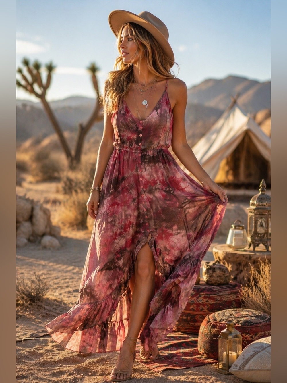 Earthbound Trading Co Red Tie Dye Maxi Dress V Neck Button Front Boho Small A3